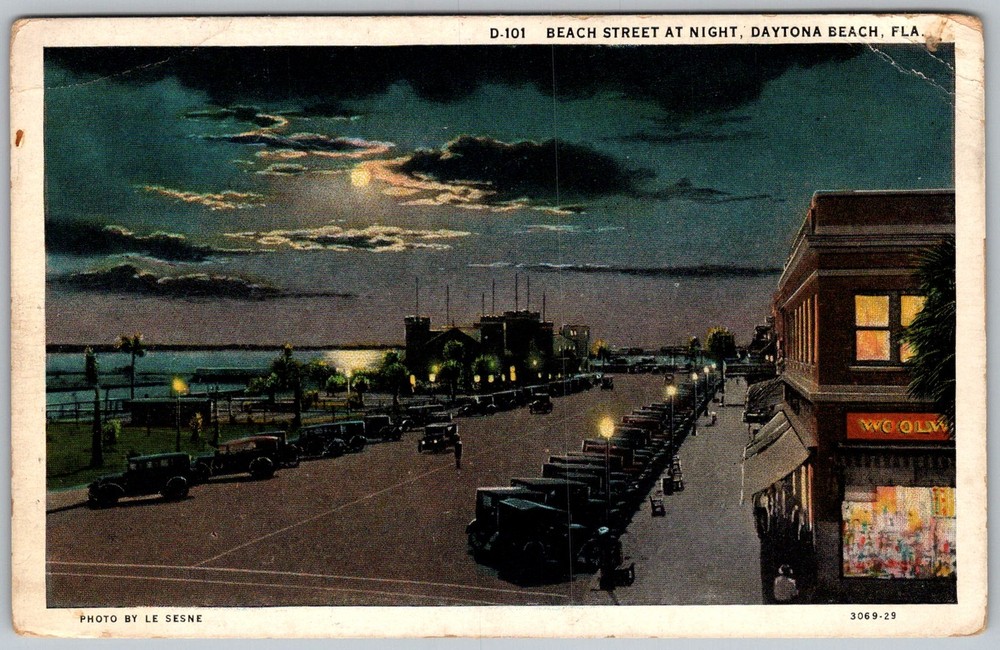 Vtg Postcard Beach Street Night Daytona Beach, FL 1930s