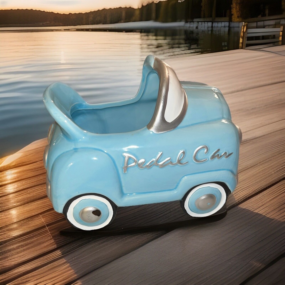Napco Pedal Car Baby Blue Ceramic Planter Candy or Trinket Dish Vtg No Cracks