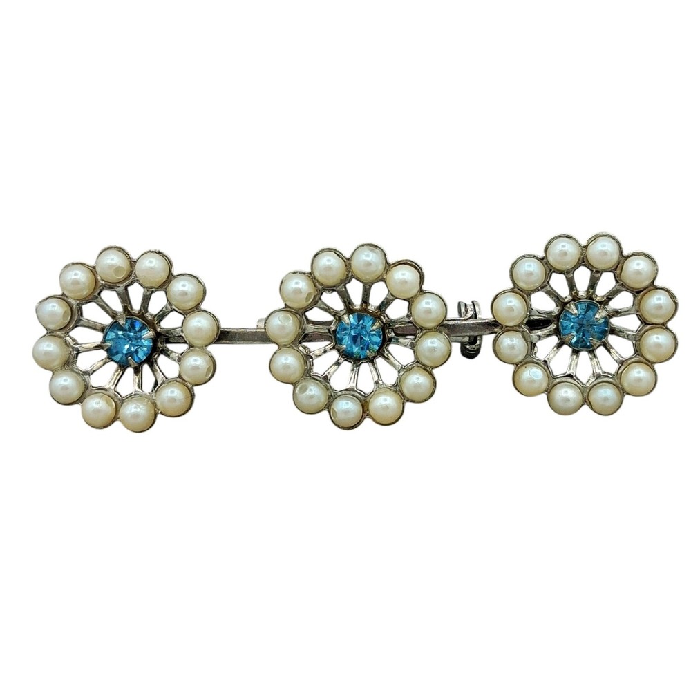 Vintage Faux Pearl Pin Brooch Prong Set Blue Rhinestone Atomic  Mod Unisex  2