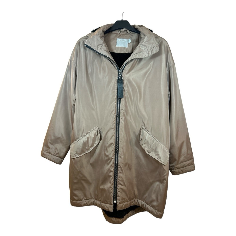 Asos Jacket Women's 10 Brown Hooded Parka Outdoor Casual Black Fur w Pockets