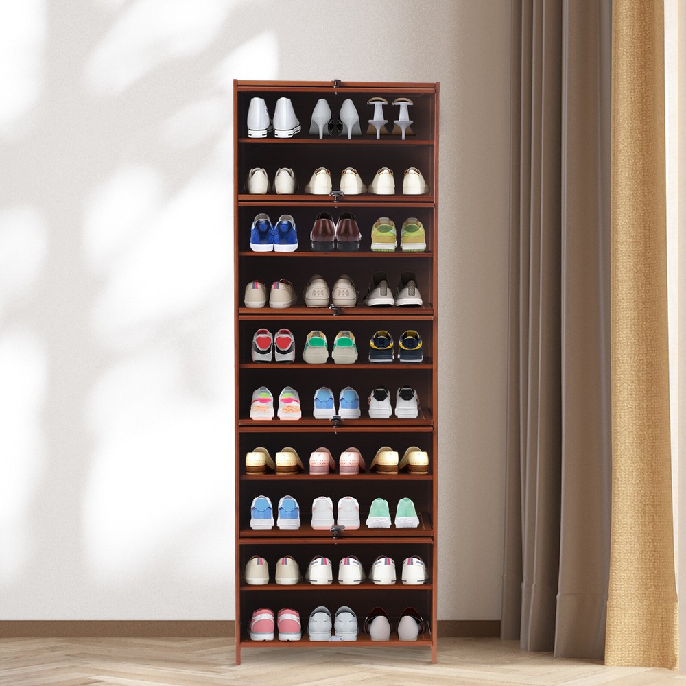 Tall Brown Bamboo Shoe Cabinet Entryway Floor Mount Rack
