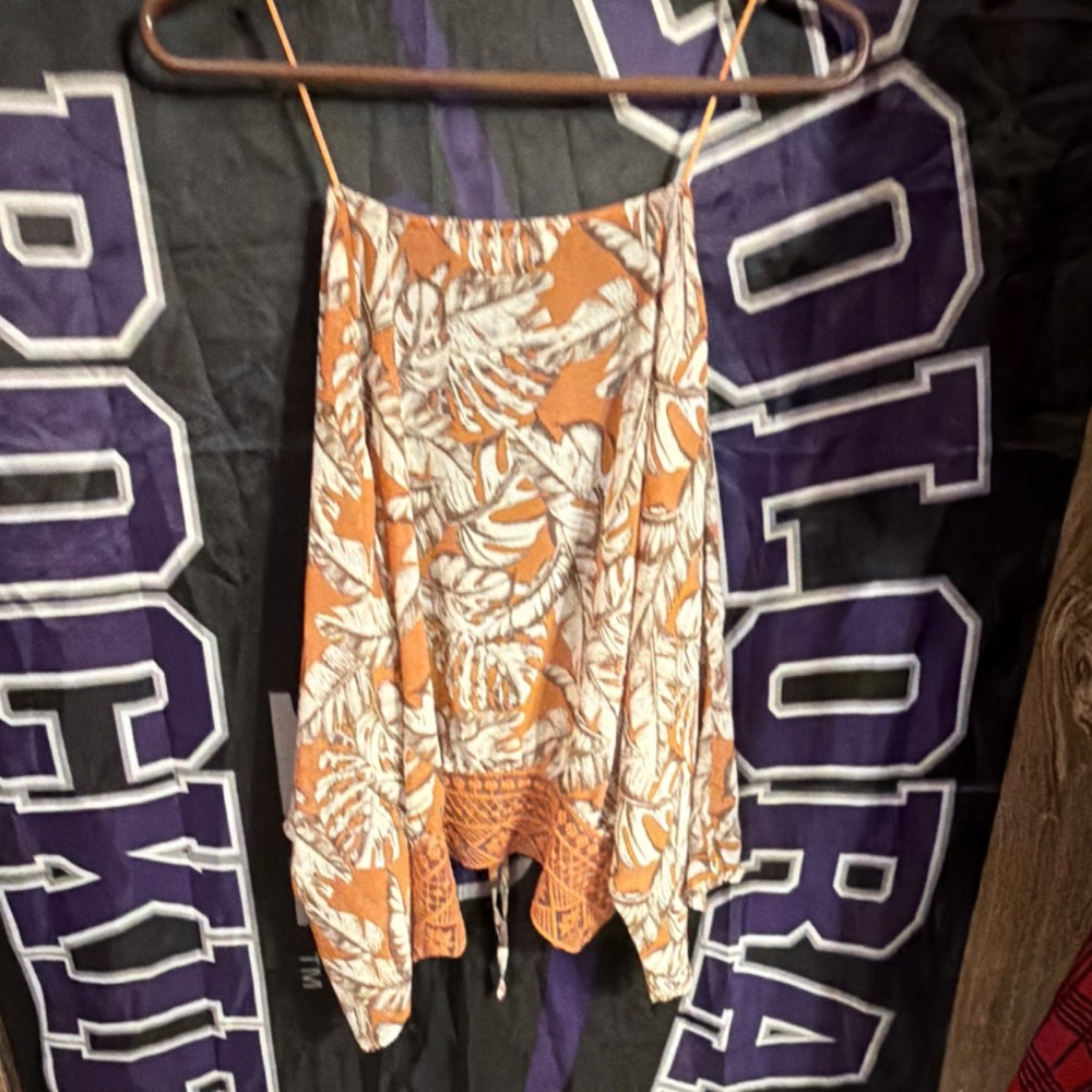 TIMING Orange White Floral Sleeveless Spaghetti Strap Scoop Neck Tank Top XL