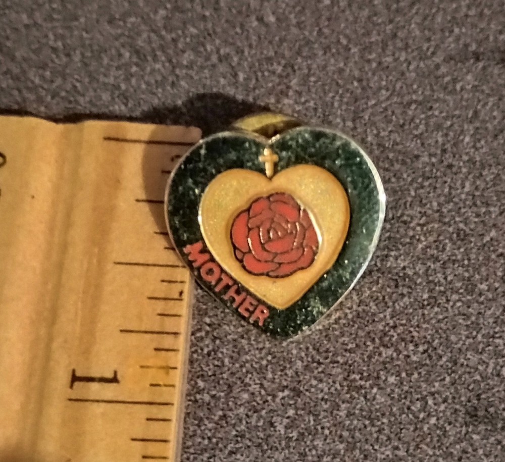Mother Rose Heart Gold Tone Colored Red Flower Cross Vintage Lapel Pin A-4