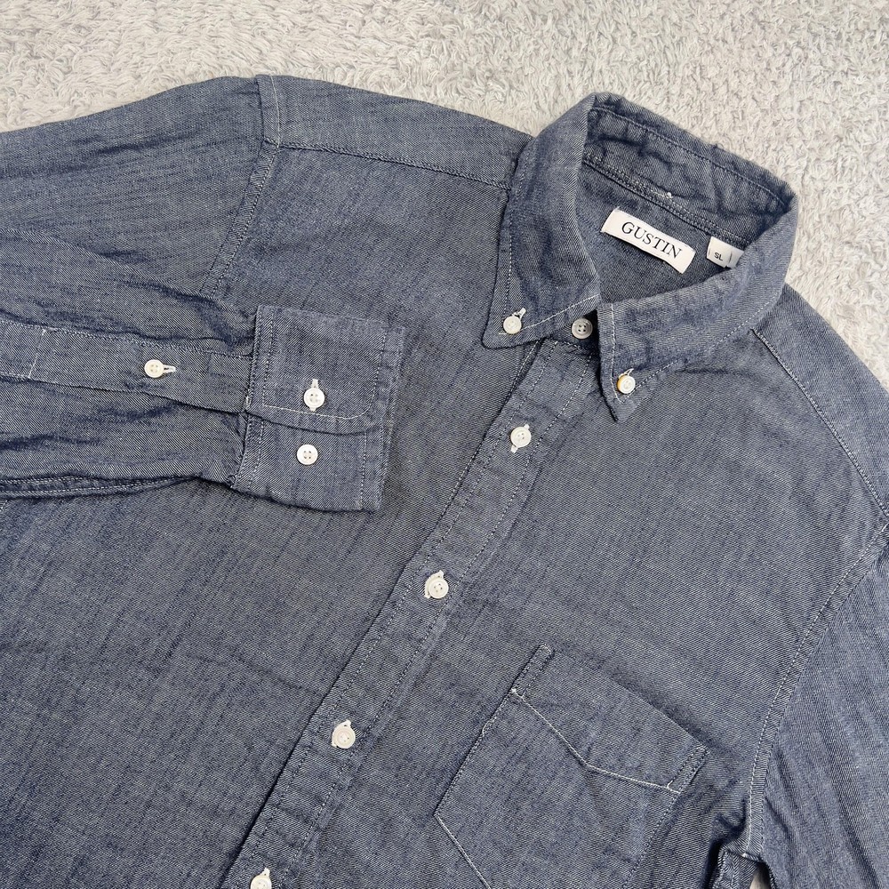 Gustin Shirt Mens S Blue Chambray Button Down Slim Fit Made In USA Cotton