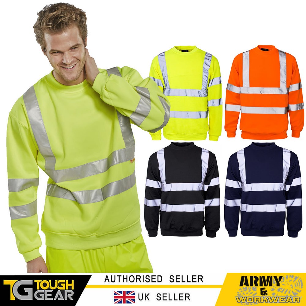 Hi Viz Round Neck Safety Sweatshirt Visability Workwear Work Jumper Sweat Plain