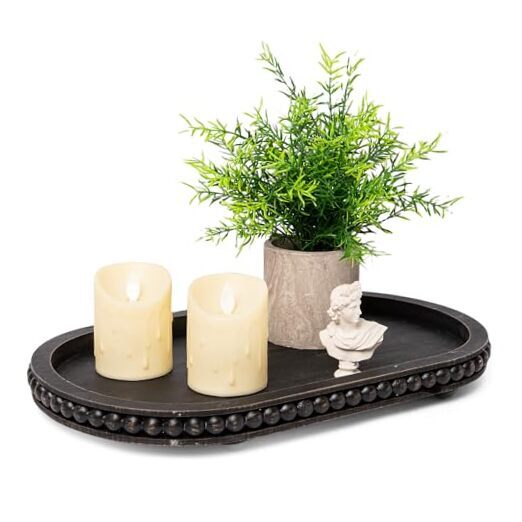 HPC Decor 15in Black Wood Beaded Oval Tray for Stylish Home Decor