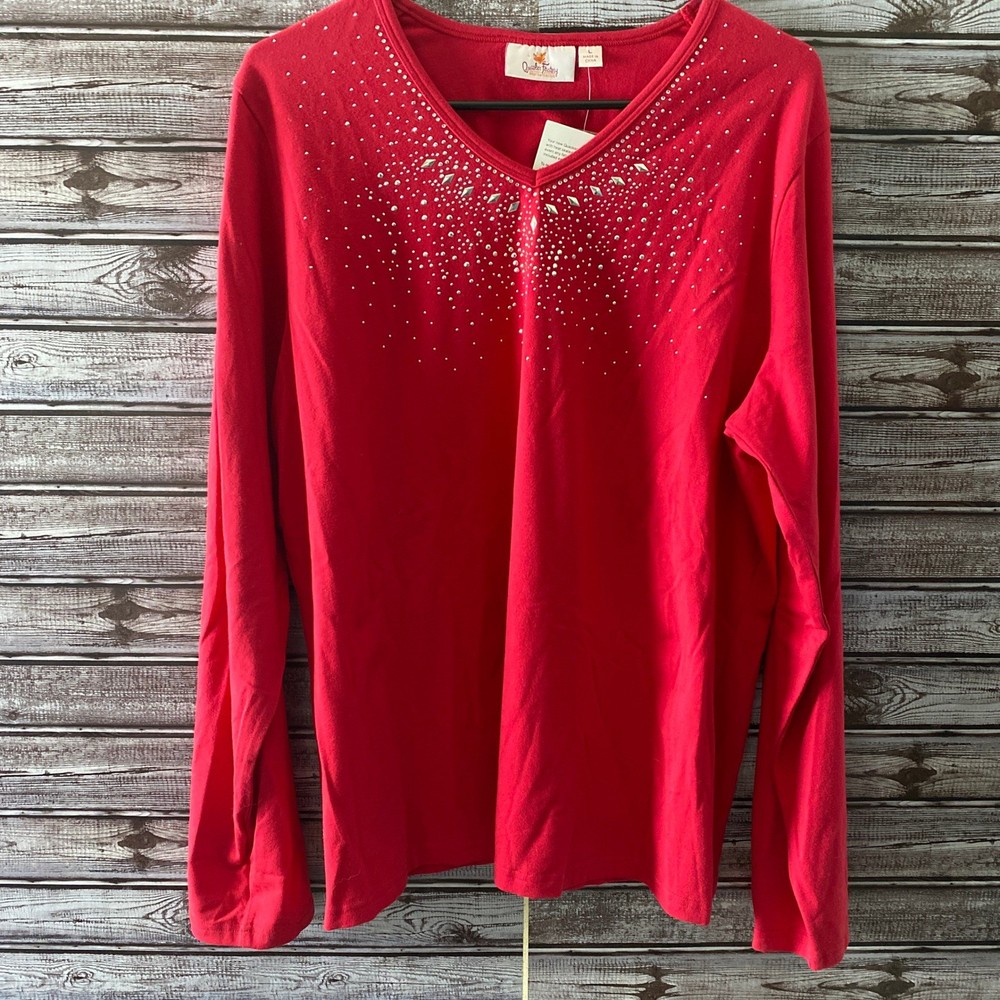 Quacker Factory Women's Long-Sleeved Top Size L Red Embellished V-Neck NWT