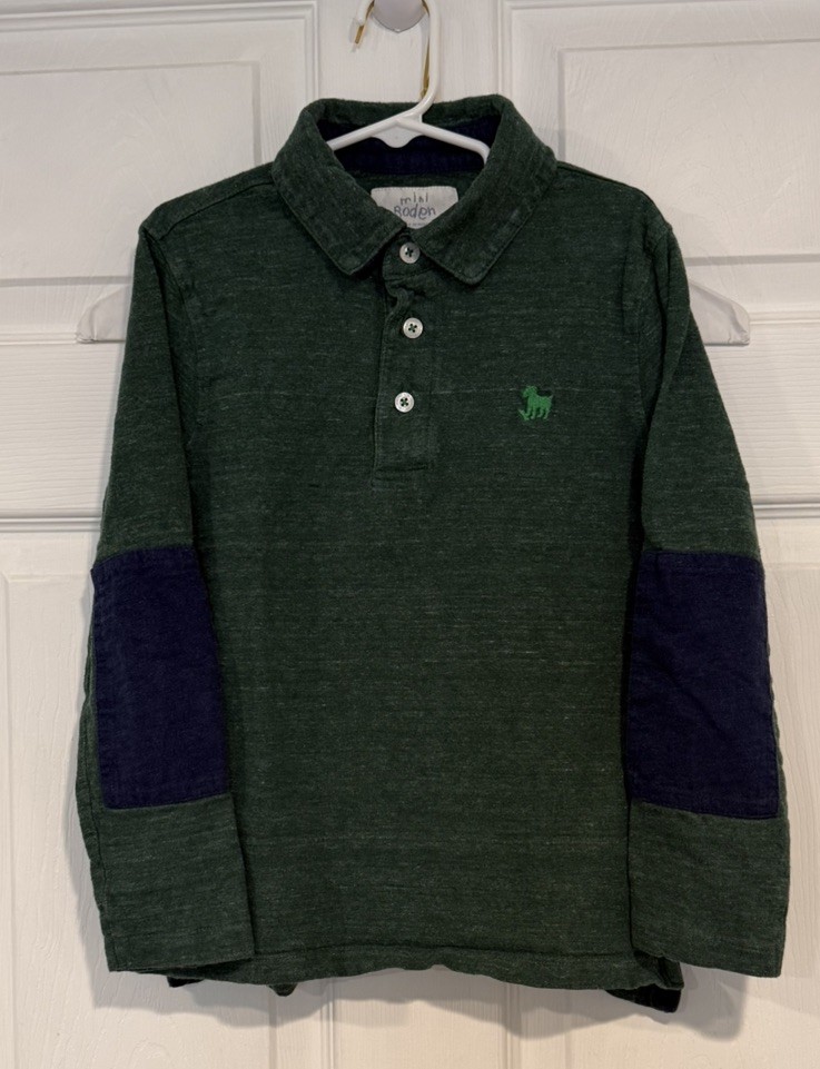 Mini Boden Polo Shirt Boys 7-8 Y Green Long Sleeve Elbow Patch Embroidered Logo