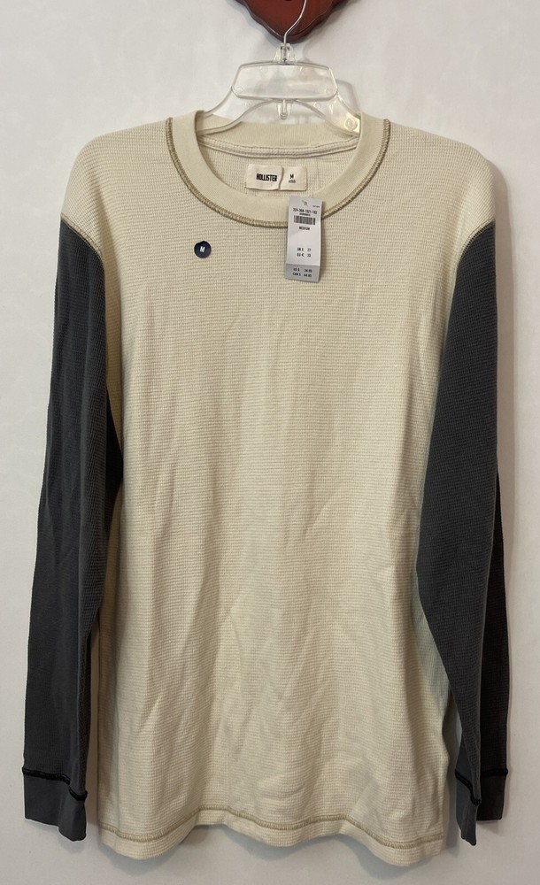 Hollister Mens Medium Cotton Beige & Gray Long Sleeved Waffle Shirt NWT! A873