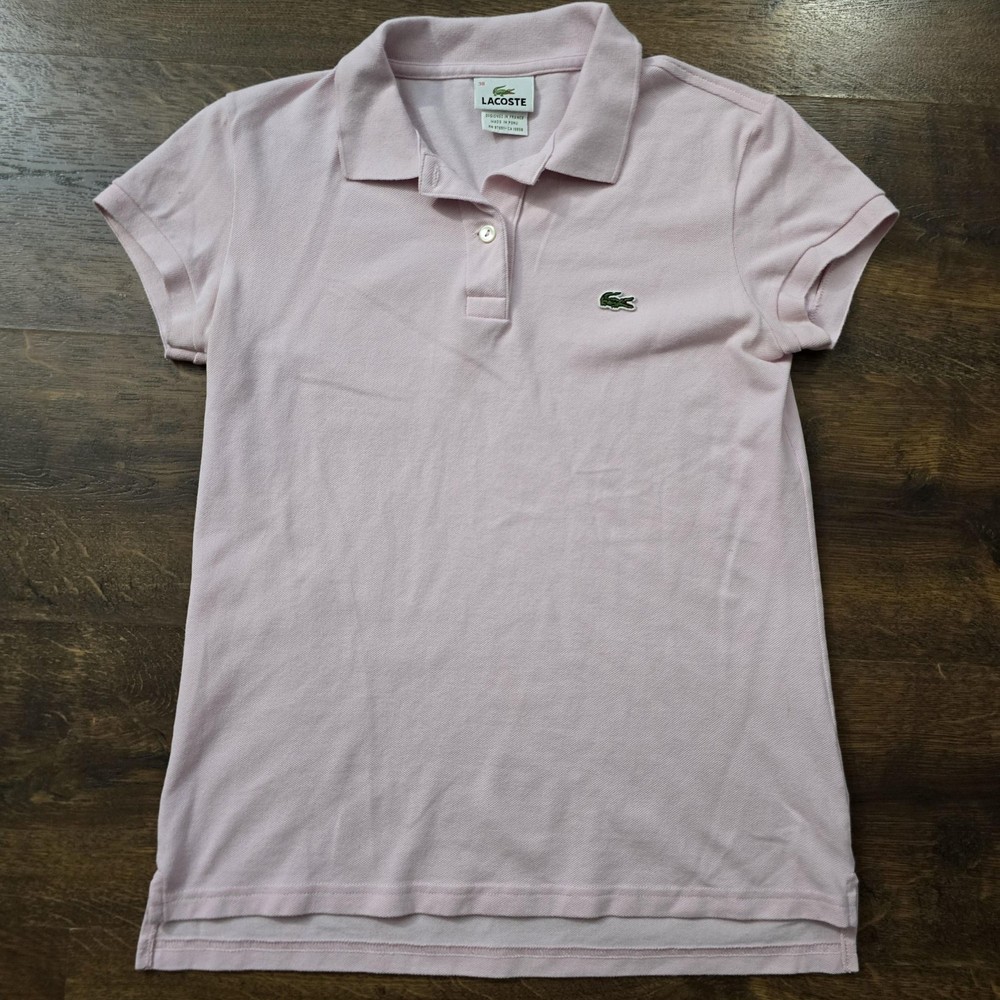 Lacoste Polo Shirt Women S 38 Pink Pique Croc Logo Stretch Slim Fit Short Sleeve