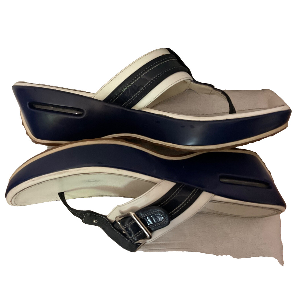 Cole Haan Air Series Wedge Sandals Womens  Cross Strap Blue/White Sz 8.5B