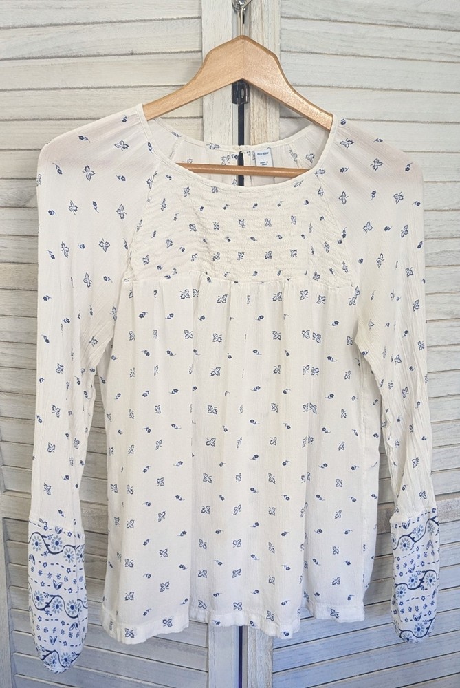 Old Navy Sz L Pintuck Boho Floral White Blue Peasant Tunic Blouse Lightweight