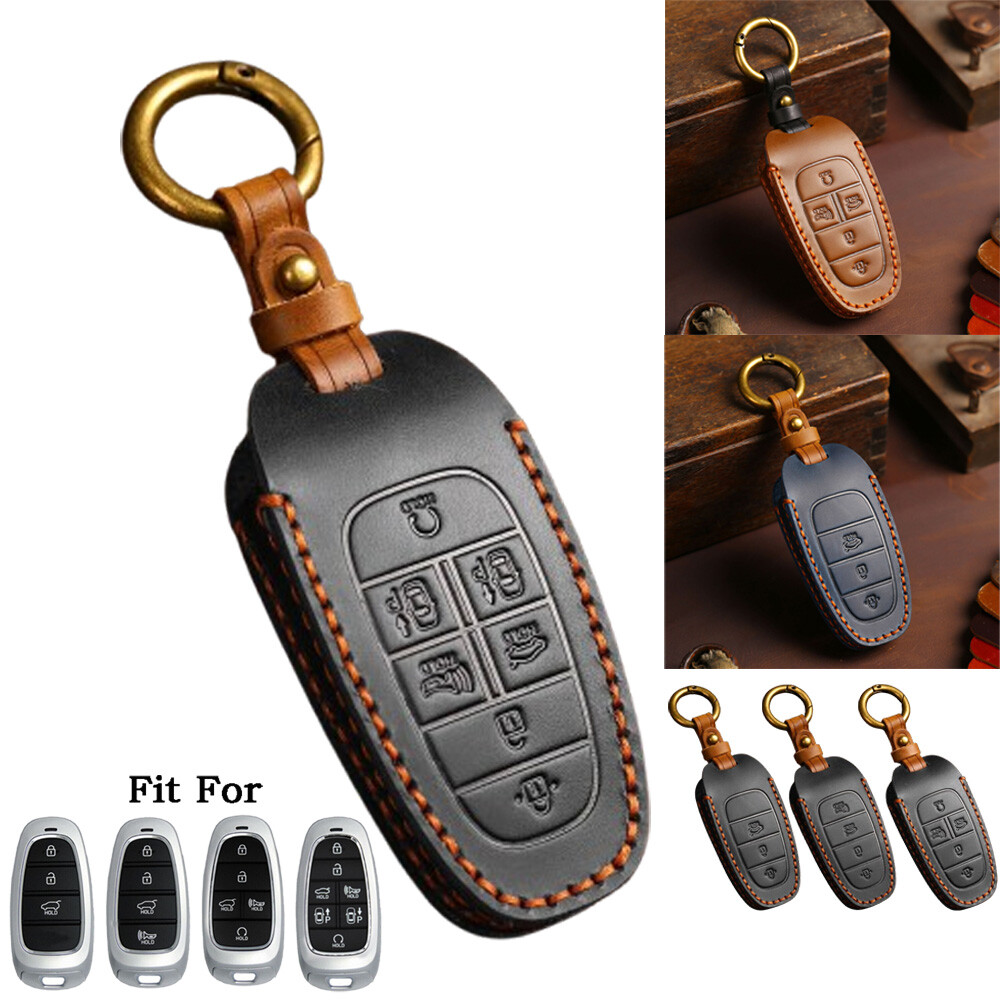 Genuine Leather Car Key Fob Case Cover Keychain For Hyundai Tucson Santa Fe Cruz