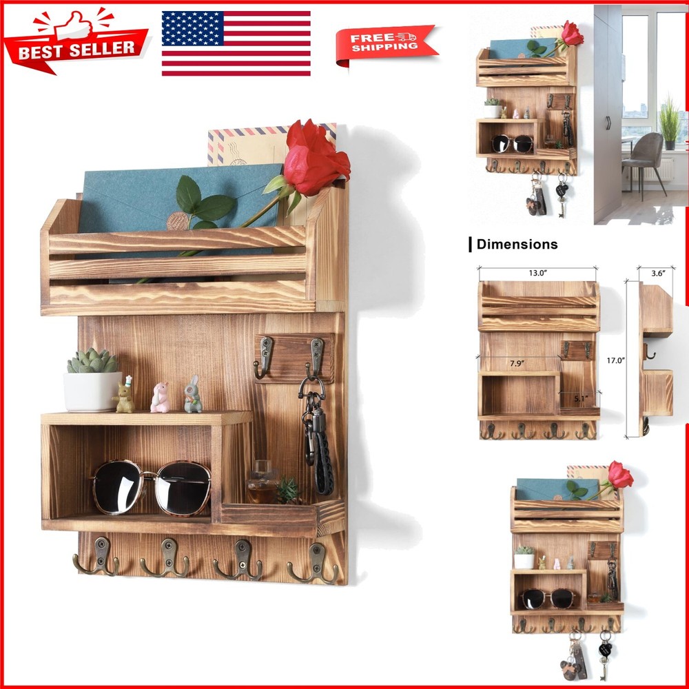 Handcrafted Wooden Mail and Key Holder with Bronze Hooks - Wall Mounted