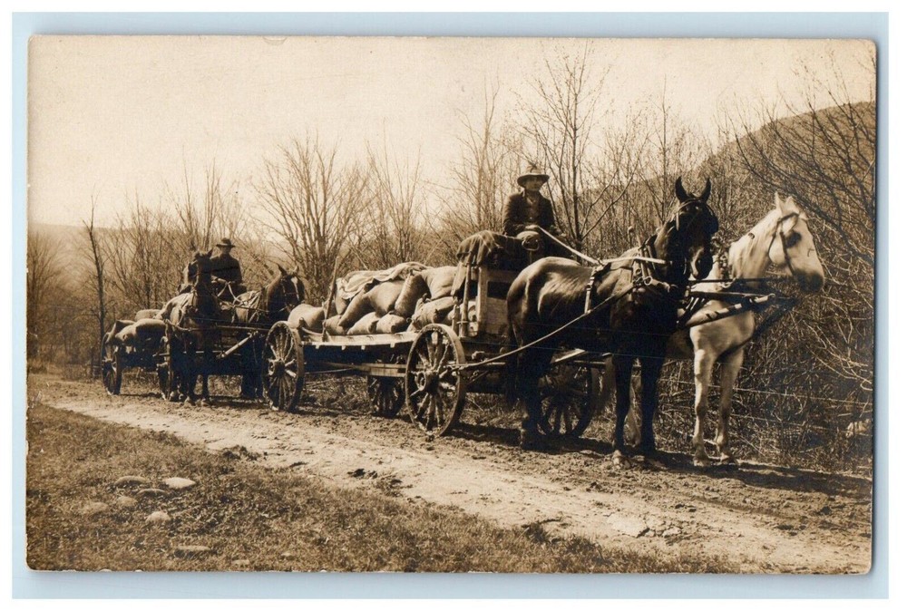 1909 Horses Team Wagons Hauling Dirt Road RPPC Unposted Photo Postcard