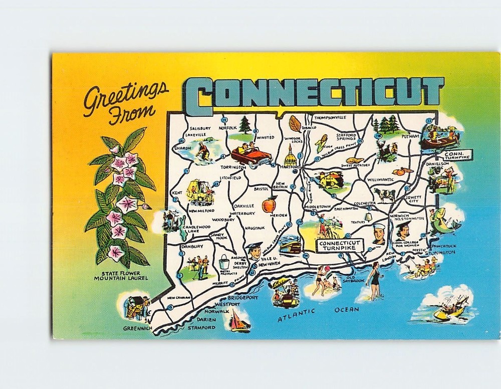 Postcard Map & Attractions Greetings from Connecticut USA