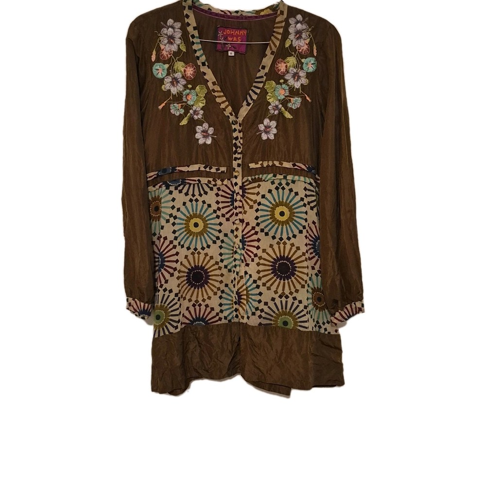 Johnny Was S Brown Tunic Top Boho Embroidered Floral Cottage Rayon Luxury