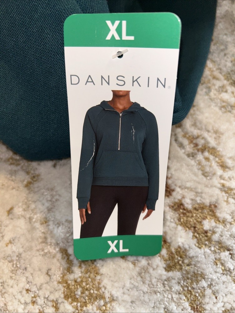 DANSKIN Womens Dark Sea Mixed Rib Cozy Half 1/2 Zip Pullover Hoodie NWT Sz XL