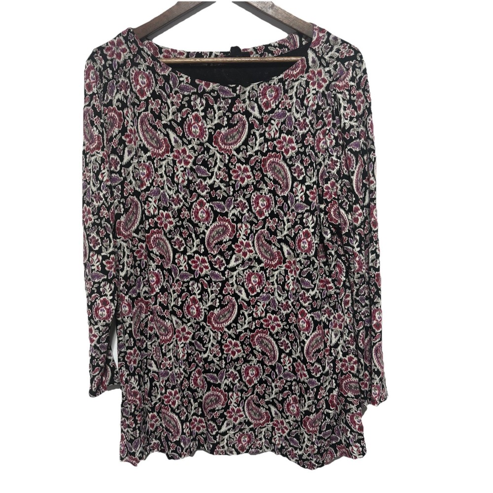J Jill Wearever Tunic Womens XL Petite Black Floral Long Sleeve Stretch Knit Top