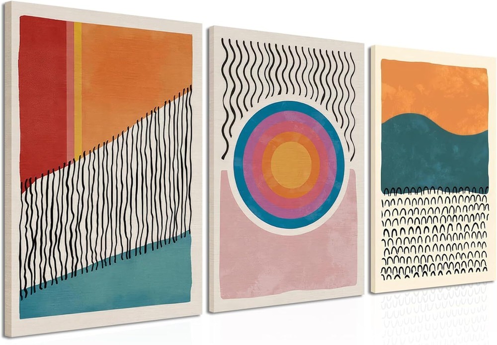 Framed Boho Wall Art Set of 3 - Geometric 12x16 in, Red Orange Cyan