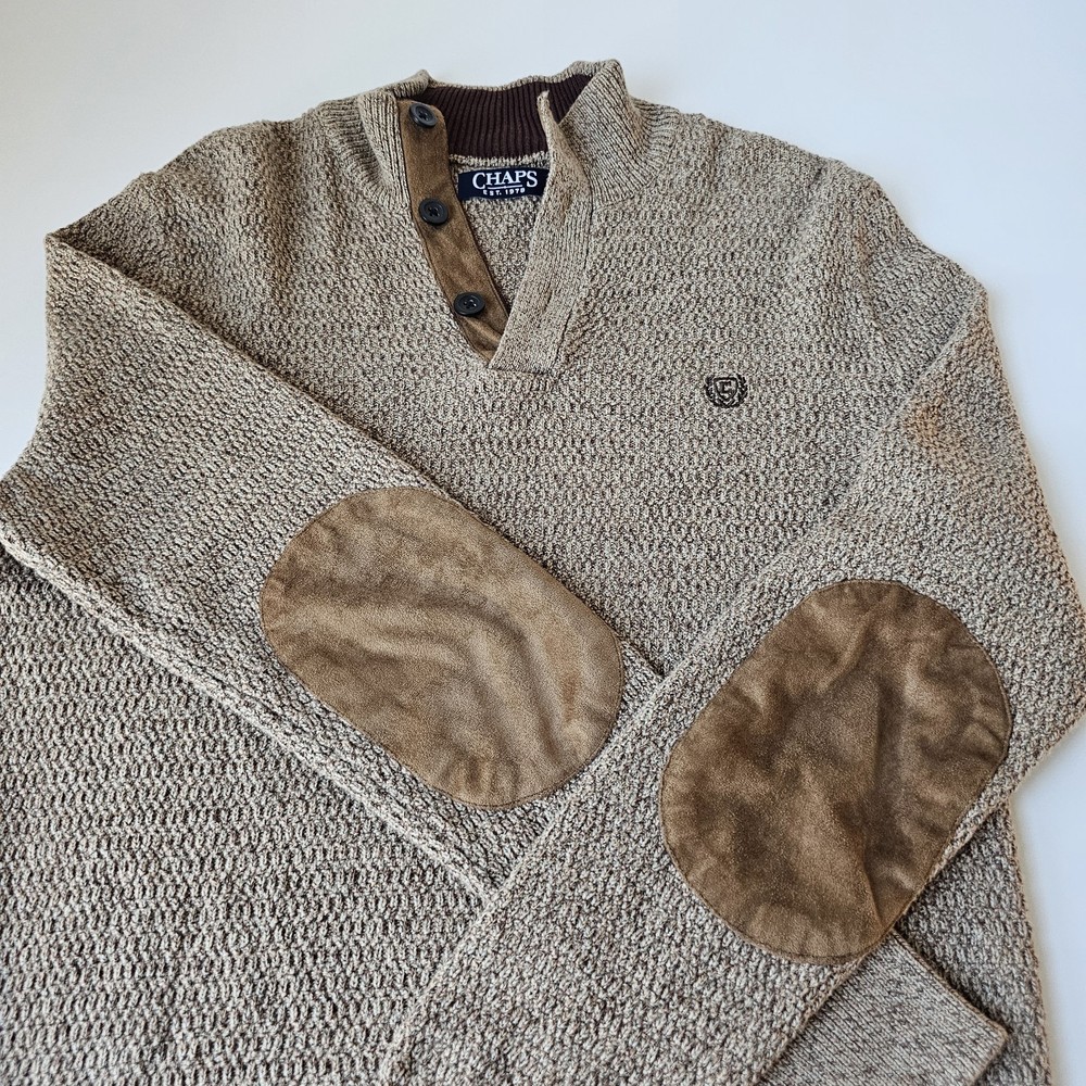 CHAPS Mens Cardigan Sweater Cotton 3 Buttons Henley Elbow Pads Preppy Classic S