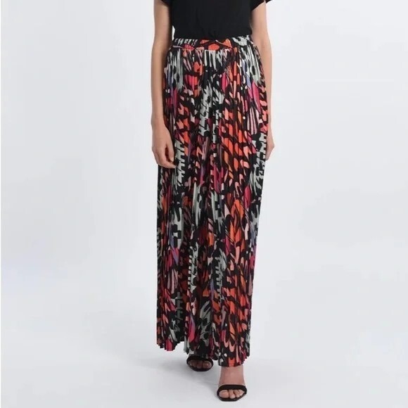 Molly Bracken Black Helena Palazzo Pants Colorful Abstract Pleated Office Career
