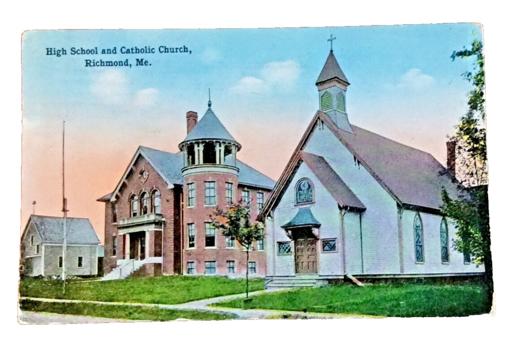 High School and Catholic Church Richmond, ME 1924 Postcard
