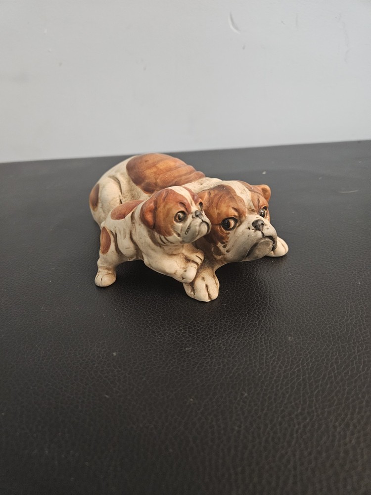 Vintage UCTCI English Bulldog Mom & Puppy Bisque Porcelain Figurine-Japan 1960's