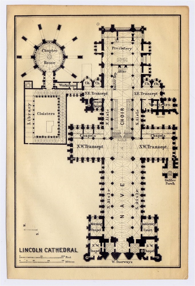 1910 Original Antique Plan Of Lincoln Cathedral / England