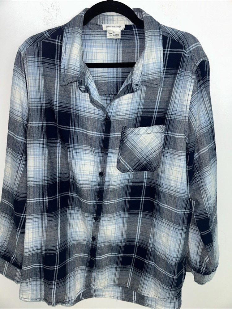 Beach Lunch Lounge Women's XL Blue Plaid boxy soft Flannel button up Shirt