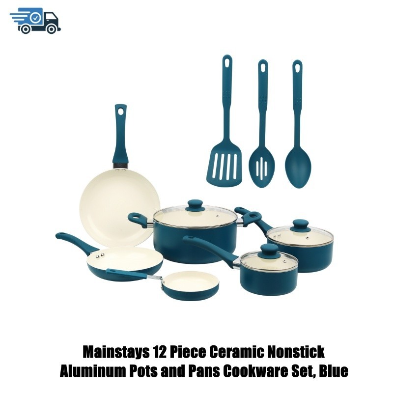 Mainstays 12-Piece Blue Ceramic Nonstick Cookware Set with Aluminum Pots and Pans