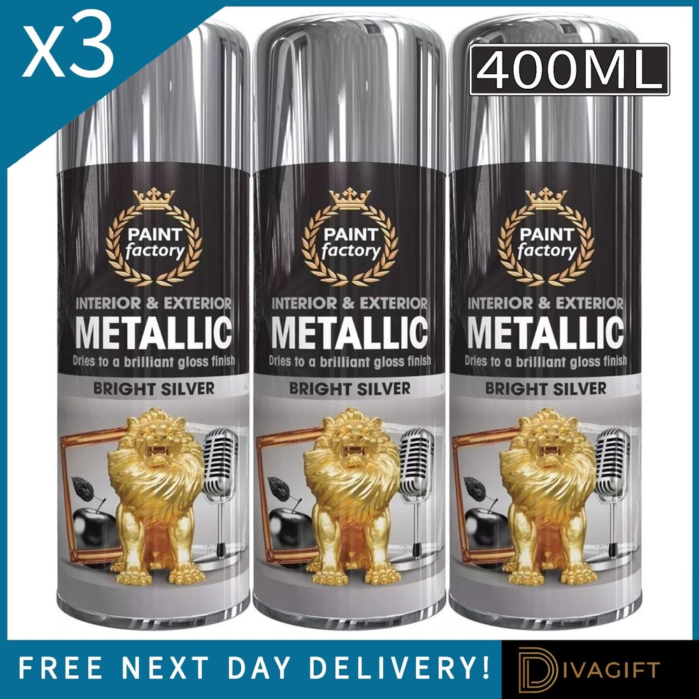 3 x BRIGHT SILVER METALLIC SPRAY PAINT 400ML INTERIOR EXTERIOR GLOSS FINISH NEW
