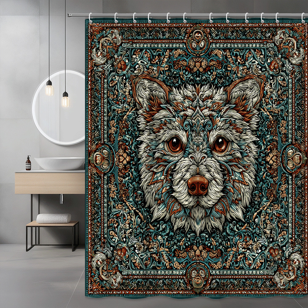 Wolf Face Shower Curtain, Boho Floral Animal Print