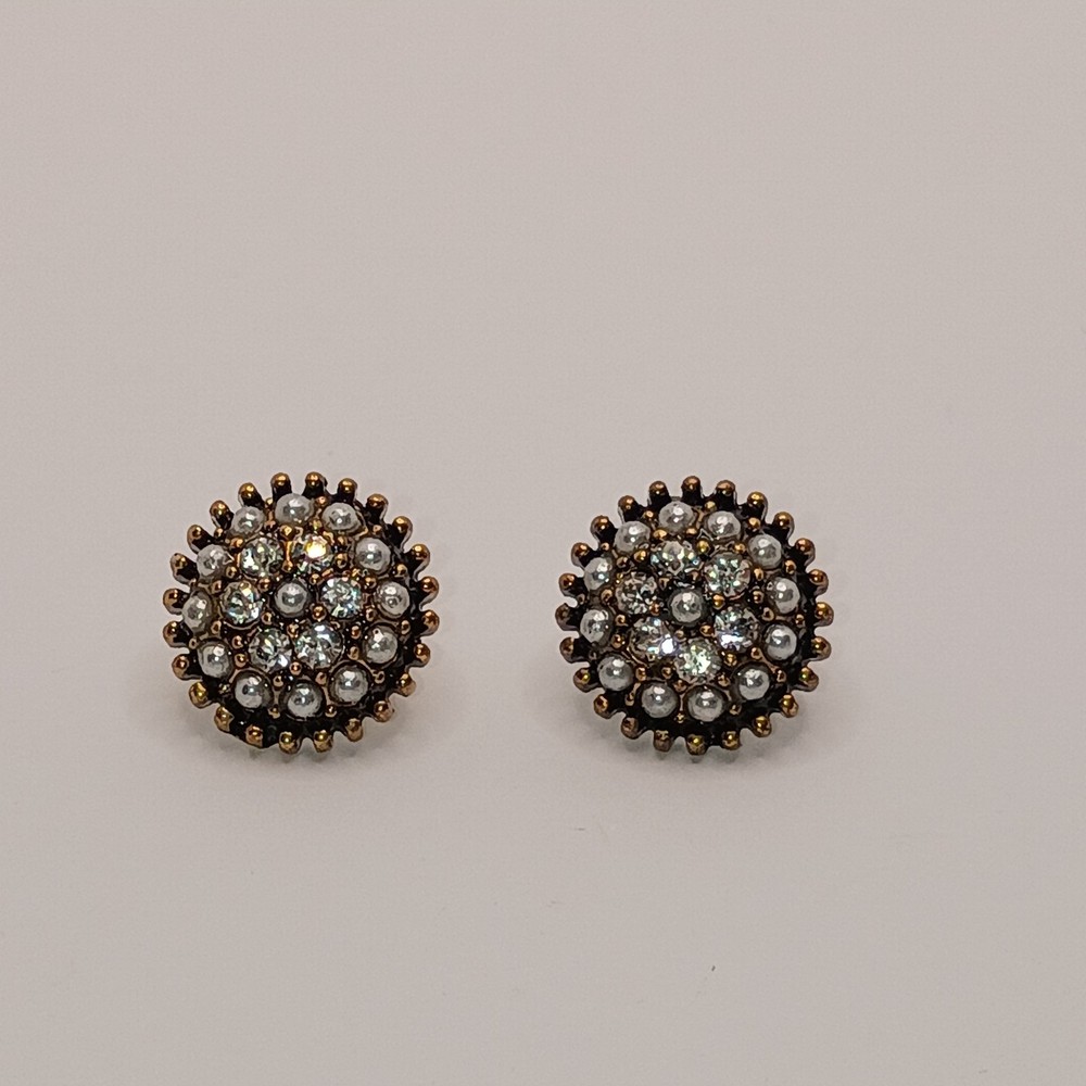 Vintage Cluster Stud Earrings Rhinestone Faux Pearl Gold Tone