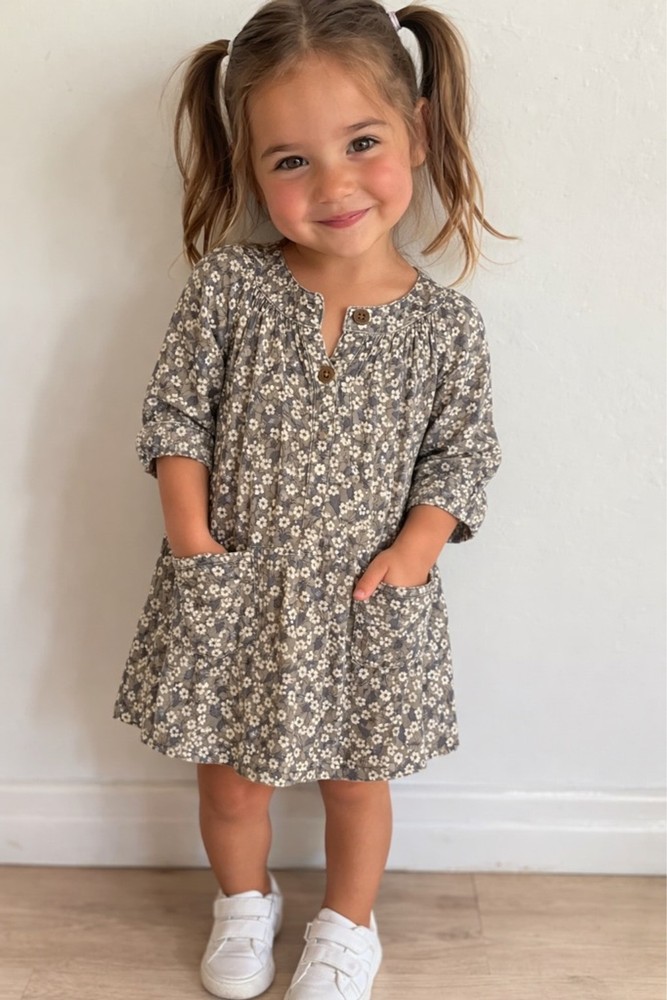 Bonpoint Girls Floral Dress Size 4 Gray Cotton Long Sleeve Paris Boutique