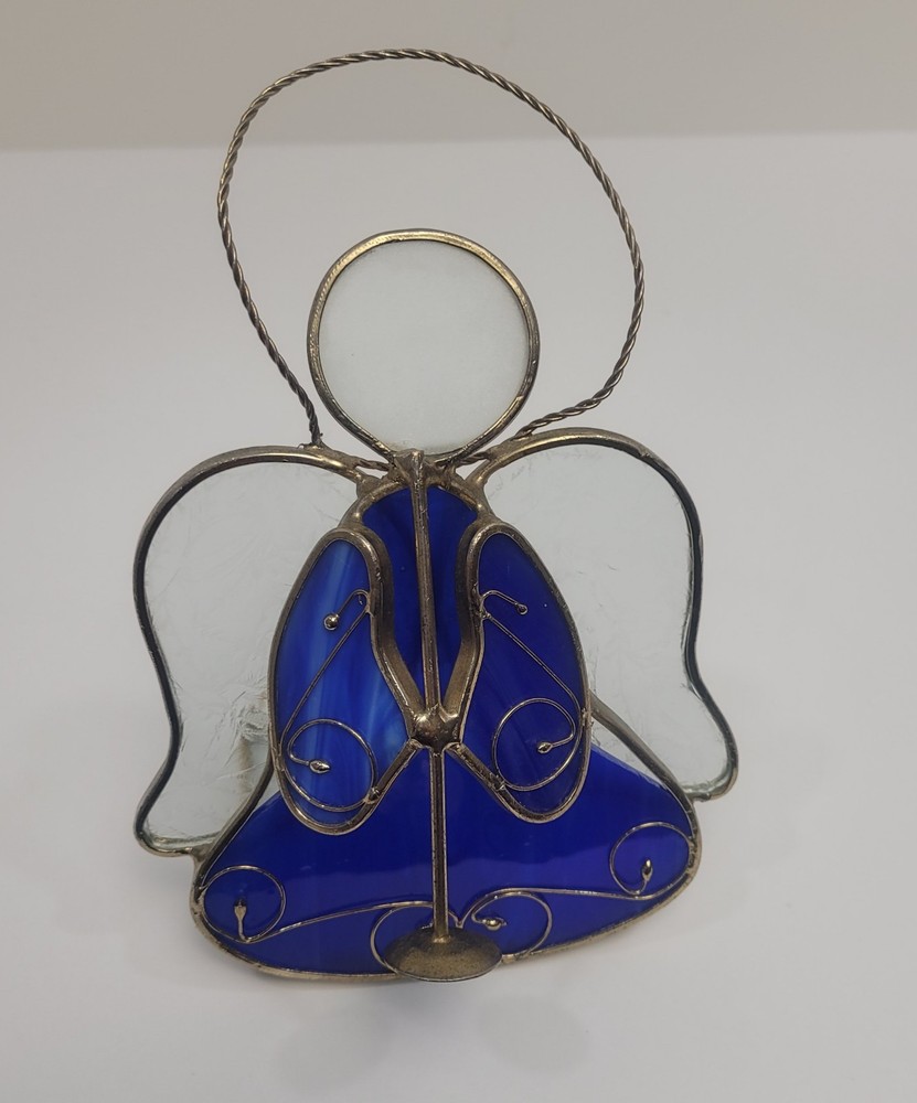 Stained Glass Blue Angel Trumpet Tea Light Holder 6.5 Inch Tall