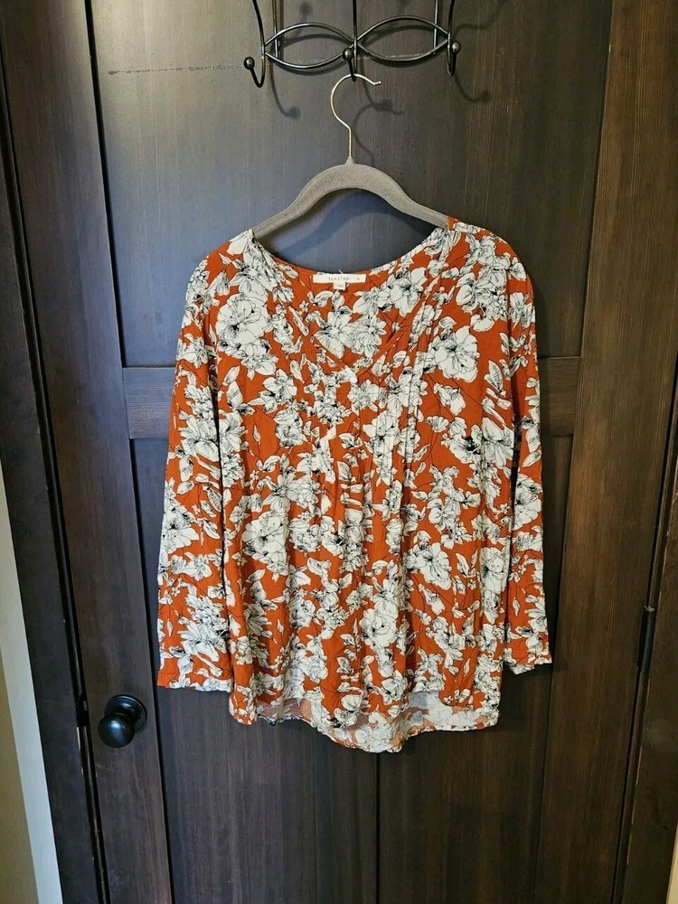 EUC Women's Orange & White Floral Long Sleeve Blouse Top Tunic Size XL X-Large
