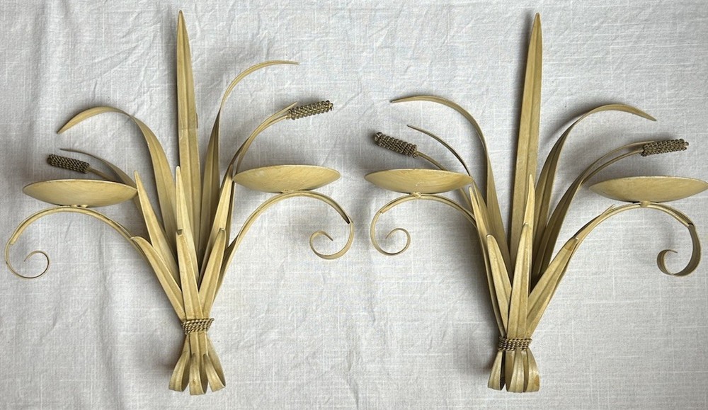 (2) VTG MCM Metal Wheat Sheaf Wall Sconce Candle Holders Retro Hollywood Regency