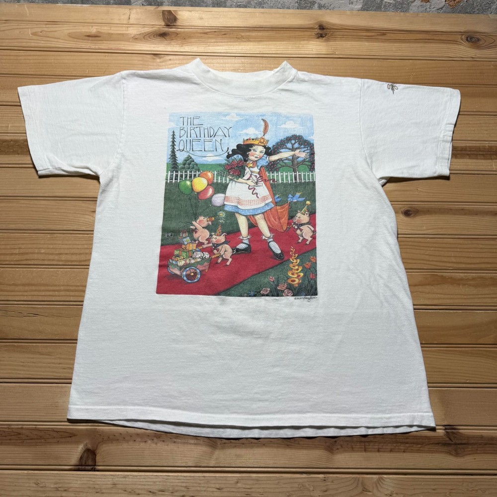 Vintage 1994 The Birthday Queen Pigs Art Mary Engelbreit Graphic Shirt USA Large