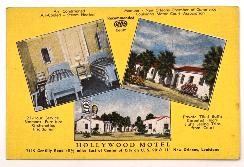 Vintage NEW ORLEANS, Louisiana Postcard HOLLYWOOD MOTEL Highway 90 LINEN / 1950