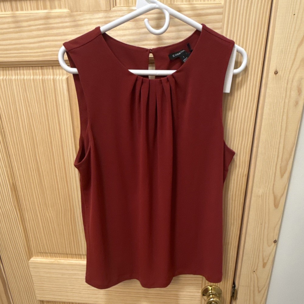 41 Hawthorn Sleeveless Pleated Button Blouse Red Round Neck L Women