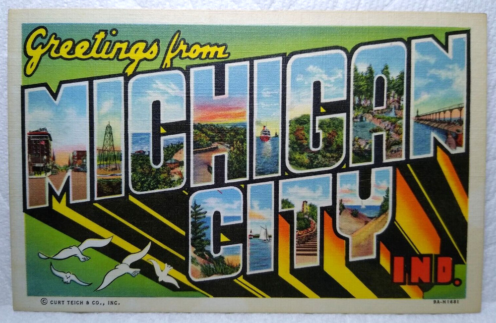 Greetings From Michigan City Indiana Large Big Letter Postcard Linen Birds Gulls