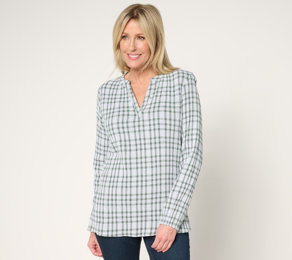 Belle by Kim Gravel Women's Top Sz S Pucker Perfect Plaid Multi-colored A679824