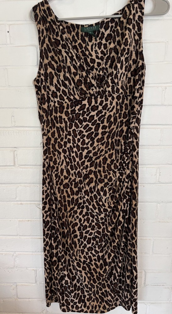 Lauren Ralph Lauren Sleeveless Faux Wrap V-Neck Ruched Leopard Print Dress Sz 10