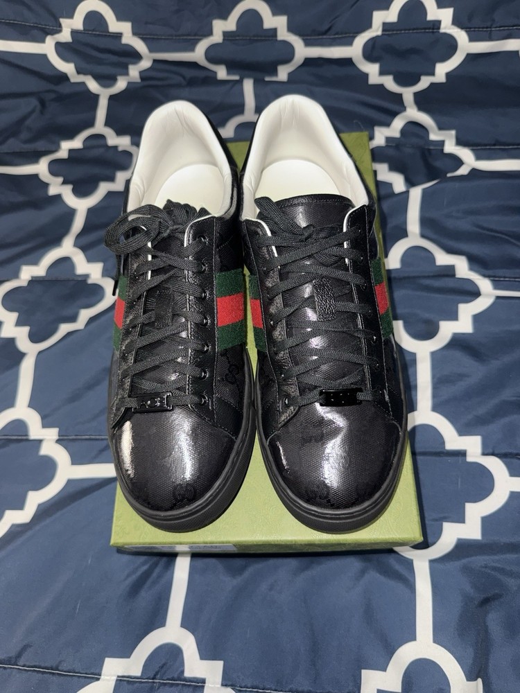 Gucci Ace GG Supreme Shoes 10.5 Men's Black Leather
