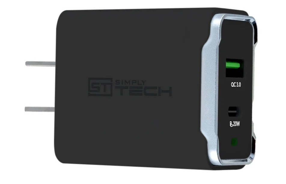 20W Fast Home Charger with Metal Trim & Dual USB A Ports - Black