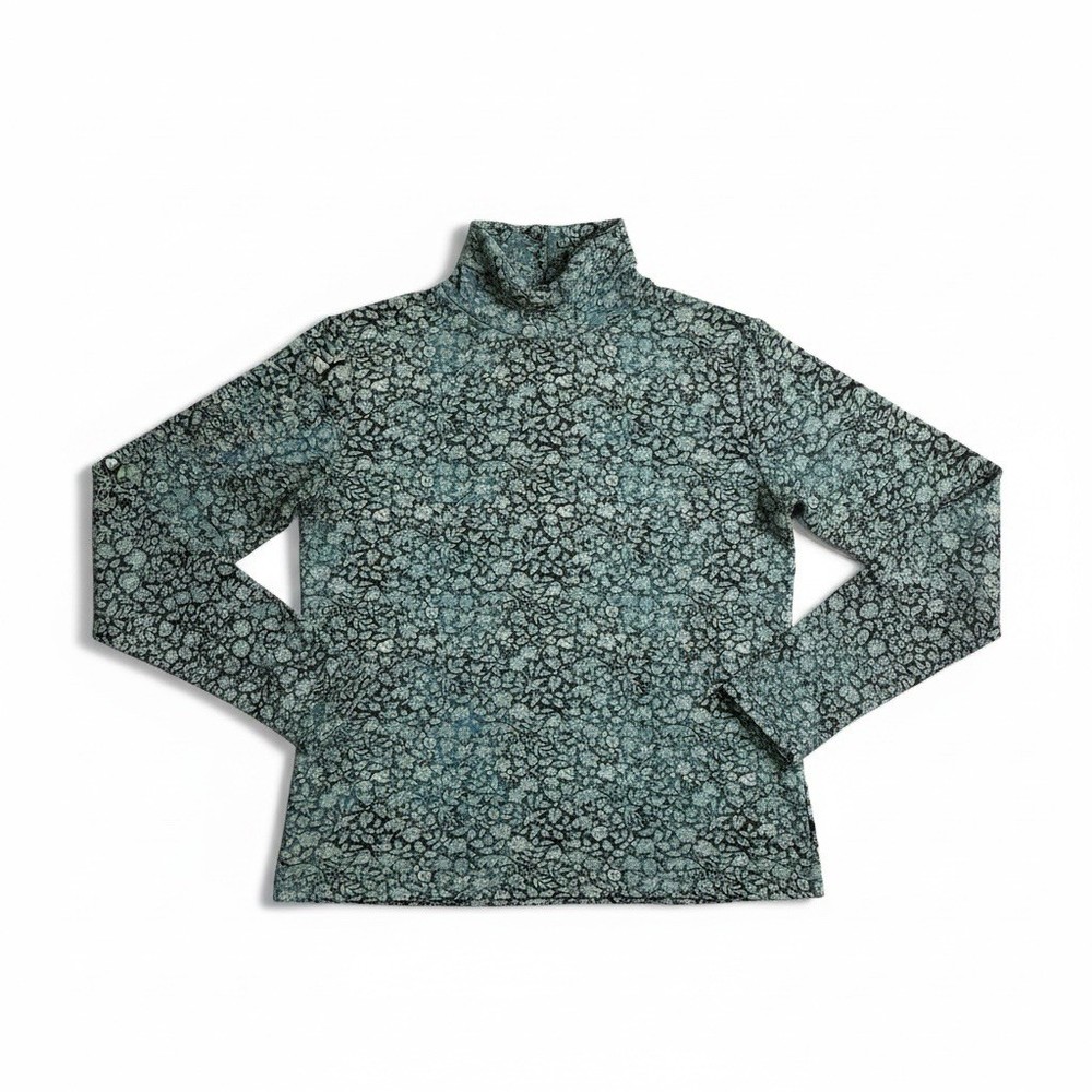Peruvian Connection Floral Turtleneck Top Womens M Blue Pima Cotton