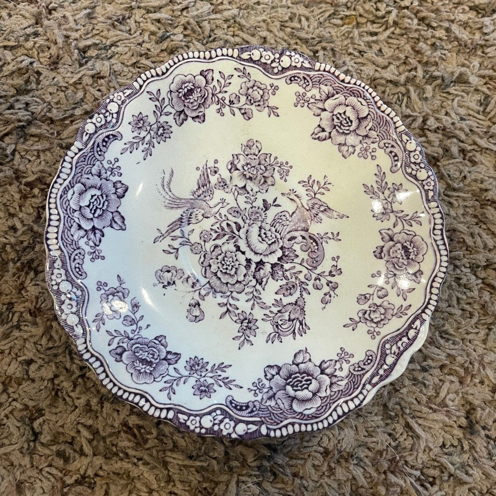 Crown Ducal Bristol Purple Transferware Saucer Bird Floral England Vintage 5.75