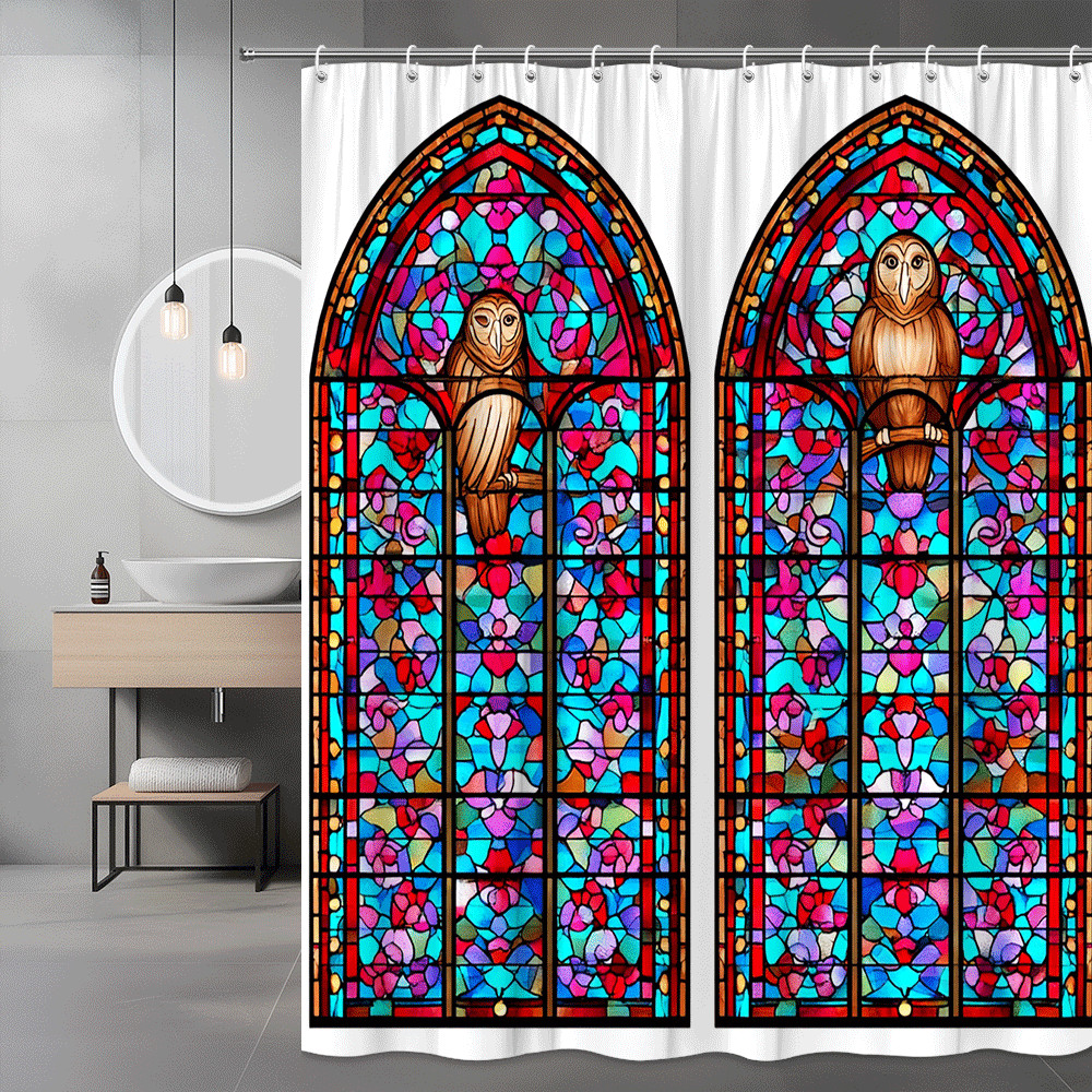 Owl Stained Glass Shower Curtain Floral Window Design
