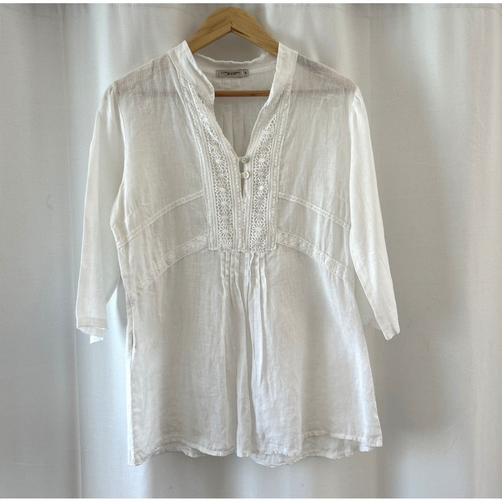 Lungo L'Arno White 100% Linen Lace Crochet Tunic Top Made in Italy Womens Medium